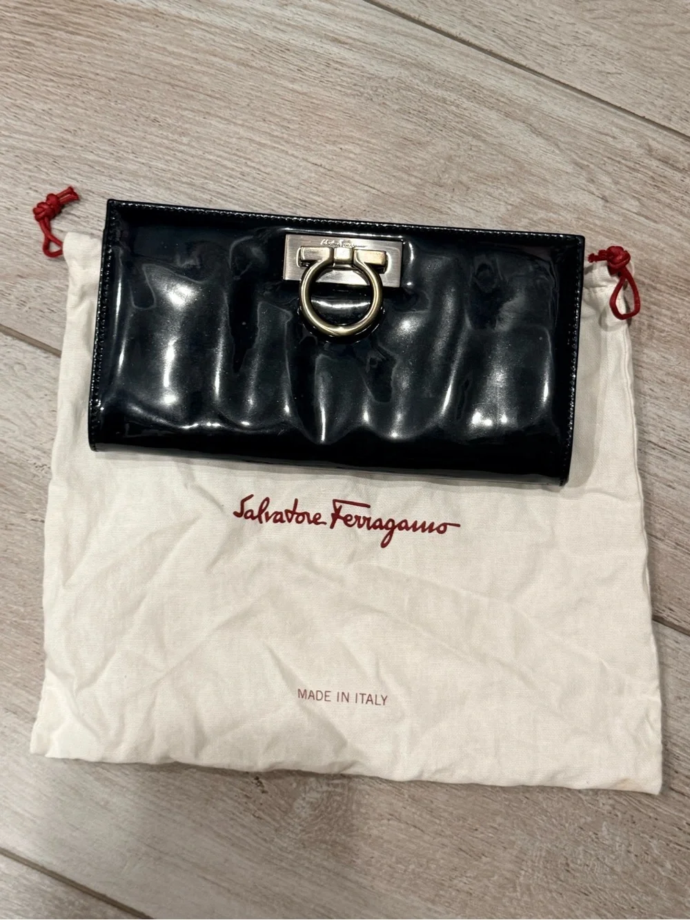 Salvatore Ferragamo Gancini Patent leather Black Mini Clutch Bag